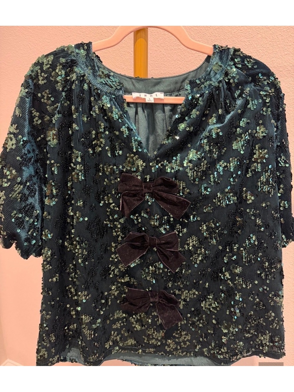 THML Women's Sequin Embellished Blouse with Velvet Bows, Size S